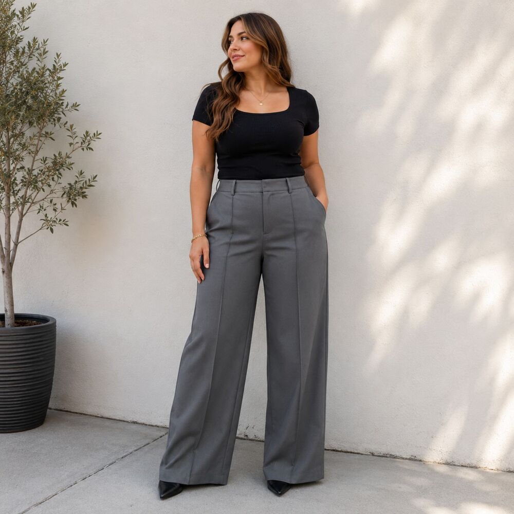 NWT NIMIN Gray High Rise Wide Leg Dress Pants L Office Career Minimalist